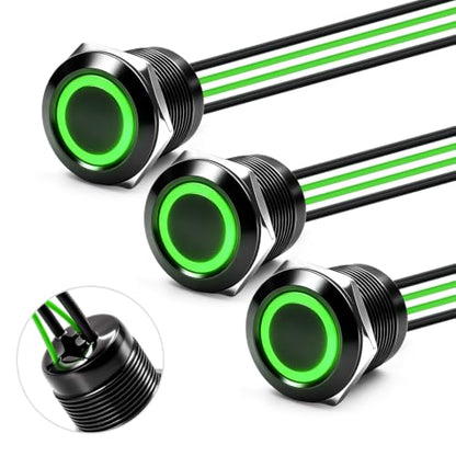 3PCS 19mm 20A Latching LED Push Button Switch IP67 12V-24V DC Green - color: Green Black Shell, size: Latching