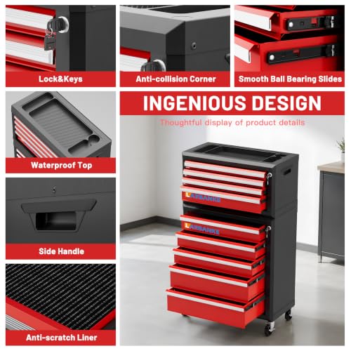 LARBANKE 9-Drawer Rolling Tool Chest with Wheels,Lockable Tool Cabinet - color: Red, size: 9 drawer tool chest