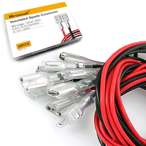 30PCS 6.3mm Female Spade Crimp Terminals with Insulating Sleeves - size: 6.3 mm terminals & 20cm long wires