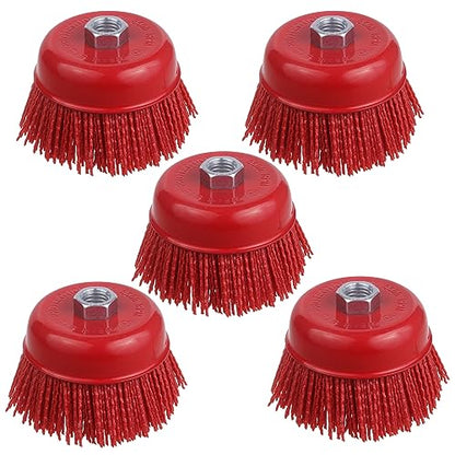 4 Inch Abrasive Filament Nylon Cup Brush for Angle Grinder, 5/8" 11 Thread Corrosion, Paint, for Surface Pre-Treatment of Various Metals (5 Pack) - style: 5 Pack