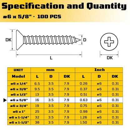 #6 x 5/8 inch Flat Head Wood Screws, 304 Stainless Steel Phillips Drywall Screws and Tapping Screws, High Hardness Screws for Drywall, Sheetrock, Wood (100 pcs) - size: #6 x 5/8"