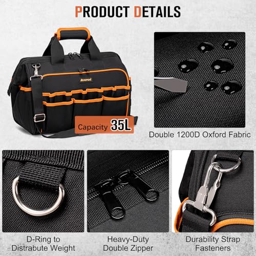 AUROPEAK Tool Bag for Men, 17 Inch Heavy Duty Tool Tote Bag, 46 Pockets - style: 46Pockets