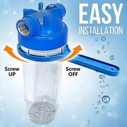 10 Inches European Design Transparent Standard Whole House Water Filter System with Presser Relief Valve, 3/4” Inlet/Outlet Brass Port and Yearly Supply (4) Wound Spring Sediment Cartridges 5 Micron - style: Wound Spring Sediment Filter