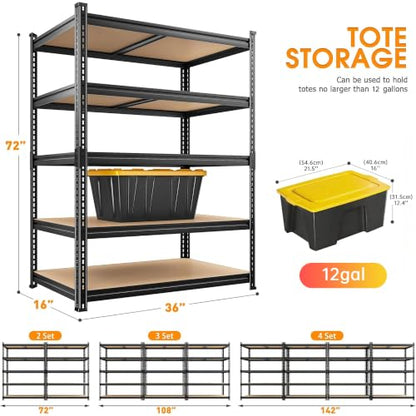 REIBII 2400LBS Garage Shelving,36" Wx16" Dx72" H Shelves for Basement - color: Black