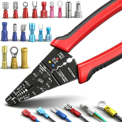 smseace Red Wire Crimping tool Wire crimper,stripper and cutter for insulated/Bare/Heat Shrink connectors(22-10 AWG) Multifunctional Cable Stripper and Crimping tool - color: Red&black