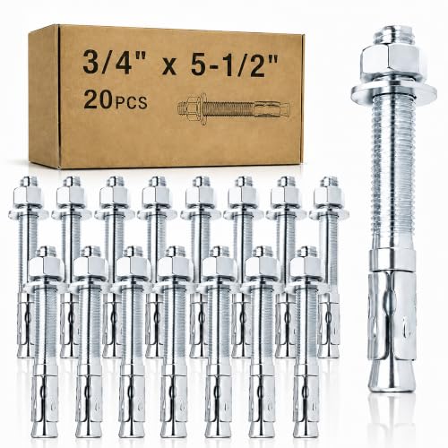 20 Pcs 3/4" x5-1/2 Concrete Wedge Anchors Zinc Plated Heavy Duty