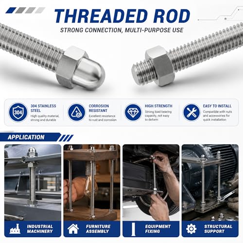 304 Stainless Steel M4 Threaded Rod,8 Pcs 10"(255mm) - size: M4x255mm