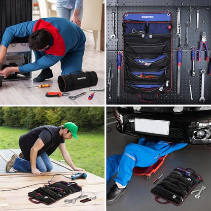 WORKPRO Roll Up Tool Bag, Tool Roll Organizer with 4 Pockets & 2 Pouches - color: Black