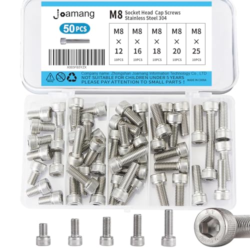 M8 x 12mm 16mm 18mm 20mm 25mm Hex Socket Head Cap Screws Bolts, Stainless Steel 304, Metric Allen Drive, Bright Finish, Fully Threaded, Assortment Kit 50PCS - size: Socket M8x12-25 mm