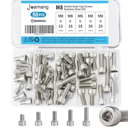 M8 x 12mm 16mm 18mm 20mm 25mm Hex Socket Head Cap Screws Bolts, Stainless Steel 304, Metric Allen Drive, Bright Finish, Fully Threaded, Assortment Kit 50PCS - size: Socket M8x12-25 mm