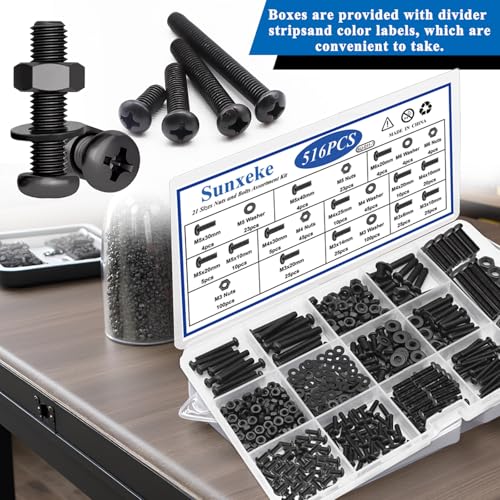 516Pcs Nuts and Bolts Assortment Kit, Phillips Pan Head, Black - color: 516pcs-Black