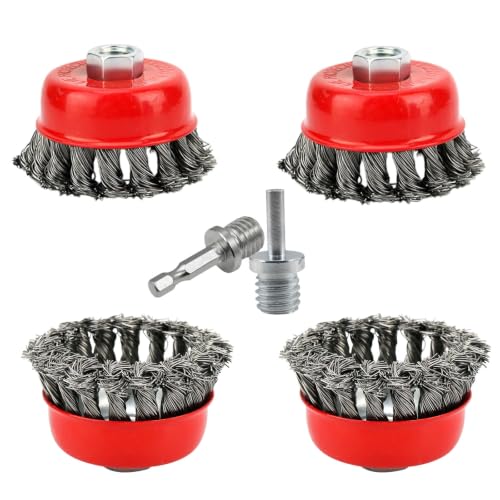 4Pcs 3" Knotted Wire Cup Brush for 4-1/2" Angle Grinder, Carbon Steel Wire Brush for Heavy Rust, Corrosion, Paint Removal, Fits 5/8"-11 UNC Arbor(with 2 Pcs 1/4" Shank Drill Adapter) - style: 3" Knotted Wire Cup Brush
