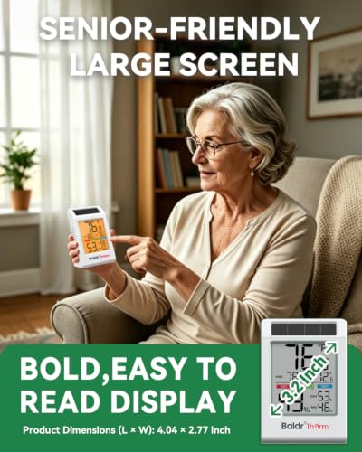 BALDR Indoor Thermometer Humidity Meter with Backlight Solar Powered - color: White Indoor Thermometer-1 Pack