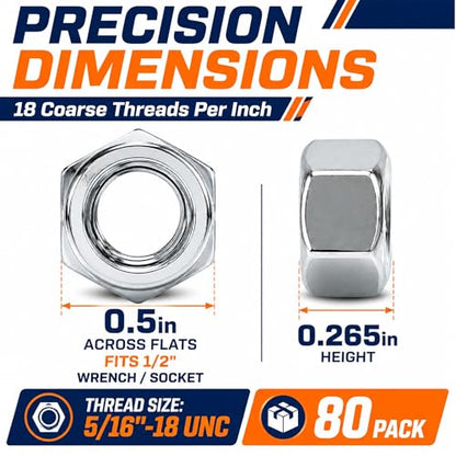80 Pack 5/16"-18 Hex Nuts - size: 5/16x18Two Way Lock Nuts