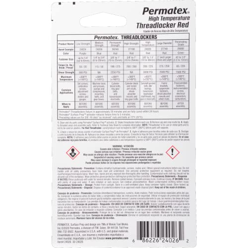 Permatex 24026 High Temperature Threadlocker Red, 6 ml - size: 6 ml, style: Liquid - High Temperature