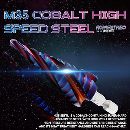 Four Spiral Flute Cobalt Step Drill Bit(Pro),M35 High Speed Steel,1/4" Hex Shank Step Bits for Metal, Stainless Steel, Aluminum, Plastic,3/16" - 7/8"(12 Step Size) - size: 3/16" - 7/8"