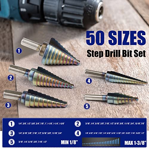 Lichamp 5Pcs HSS Step Up Down Drill Bits, 50 Sizes, 1/8" to 1-3/8", B105RD
