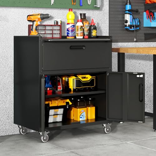 Garage Cabinets,Metal Garage Storage Cabinet with Wheels,Black Lockable Rolling Tool Cabinet with Drawer and Adjustable Shelves,Heavy Duty Tool Chest for Home Office Utility Room - color: Black, size: 1 Drawer & 2 Doors