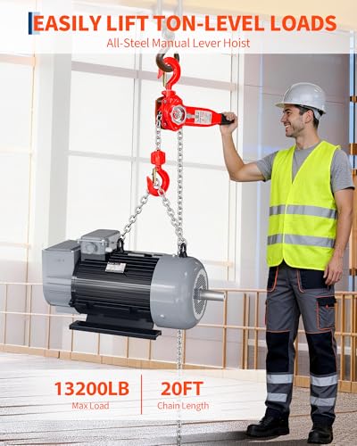 Heavy Duty Come Along–6 Ton 20FT Chain Hoist with G80 Galvanized Chain & Weston Brake,13200 Lb Capacity Chain Come Along Winch,Manual Lever Hoist for Engine Hoist,Garage, Farm,Unpowered Jobs - size: 6T 20FT