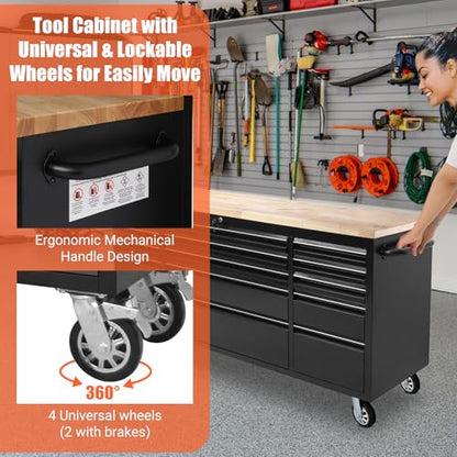 72" Heavy-Duty Rolling Tool Chest & Garage Workbench with 15 Drawers, Steel Cabinet, Rubber Wood Top, Key Locking System, Drawer Liners, On Wheels for Warehouse Repair Shop, Black - size: 72 Inch Black