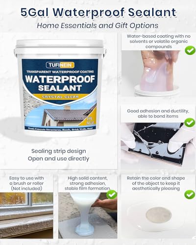 Waterproof Sealant 5 Gallon Clear, TUFINEIN Transparent Waterproof Coating Water-Based Invisible Agent Roofs, Walls, Garden, Terraces Indoor & Outdoor - size: 5 Gal
