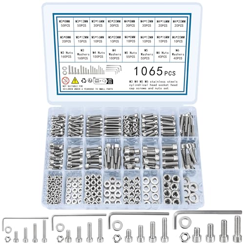 1065 Pcs M3 m4 m5 m6 Screws and Nuts, Hex Socket Head Cap Screws Nuts and Bolts Washers Kit, Stainless Steel Bolts and Nuts Kit, Metric Assorted Machine Screws Assortment Kit, Hex Bolt - size: M3M4M5M6