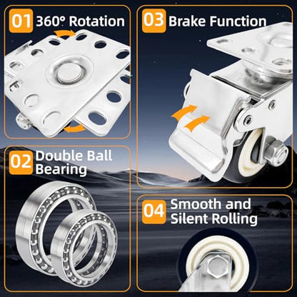 5'' 304 Stainless Steel Caster Wheels, 2700Lbs Heavy Duty Casters Set of 4 - size: 5inch