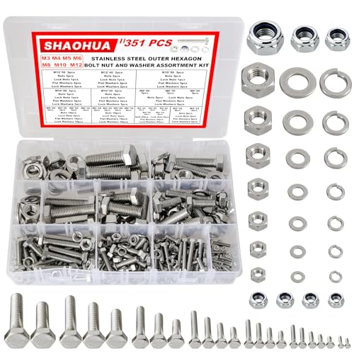 M3/M4/M5/M6/M8/M10/M12 Metric Bolt Assortment Kit, 304 Stainless Steel Heavy Duty Flat Hex Head Screws Bolts and Nuts Kit, Nuts Flat Gasket and Lock Washers Assortment Ki, Silver, 351Pcs - color: Silver - 351PCS M3 M4 M5 M6 M8 M10 M12