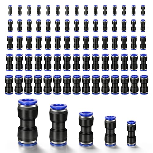 100 Pcs Quick Connect Air Hose Fittings, 5 Sizes Air Line Push to Connect Fittings Kit Quick Release Pneumatic Connectors Plastic Straight Tube Connector (2 Way, 4 6 8 10 12 mm)