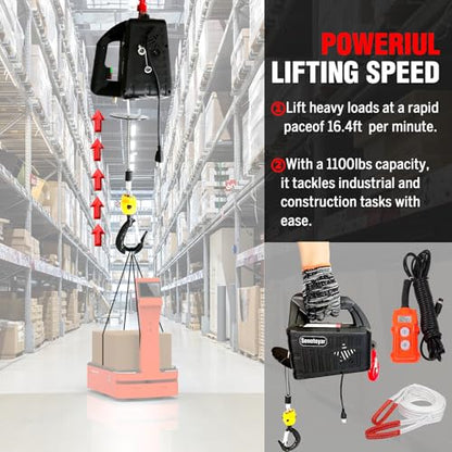Electric Hoist Winch,1100lbs Electric Hoist 110 Volt 1500W Portable Electric Winch with Remote Control Wired/Manual,Chain Hoist Overload Protection 25ft Lifting Height for Towing&Pure Copper Motor - color: Remote Control/Manual
