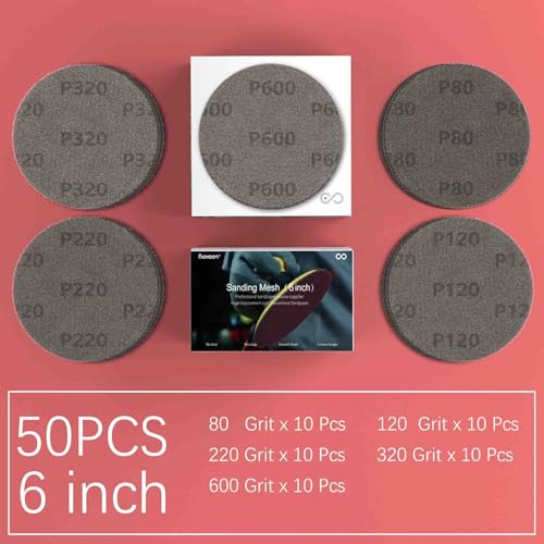 6 Inch Sanding Mesh | Micro Mesh Hook and Loop Sanding Discs | Dust Free Net Sandpaper | 50 Pack Assortment 80 | 120 | 220 | 320 | 600 Grit | Wet and Dry Sanding Screen | Anti-clog/Last Longer - style: Assortment