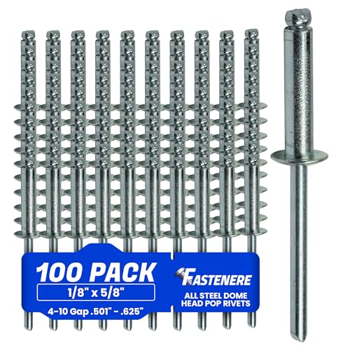 Fastenere Pop Rivets - 1/8" x 5/8" (100 pcs) Heavy Duty, Open-End, Low Carbon Steel, Dome-Head Blind Rivets, Corrosion-Resistant & High Shear Strength, 4-10 Gap 0.501"-0.625" - size: 1/8" x 5/8" (4-10) (100 Pack)