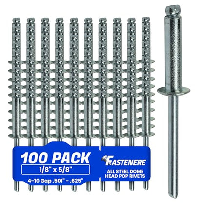 Fastenere Pop Rivets - 1/8" x 5/8" (100 pcs) Heavy Duty, Open-End, Low Carbon Steel, Dome-Head Blind Rivets, Corrosion-Resistant & High Shear Strength, 4-10 Gap 0.501"-0.625" - size: 1/8" x 5/8" (4-10) (100 Pack)