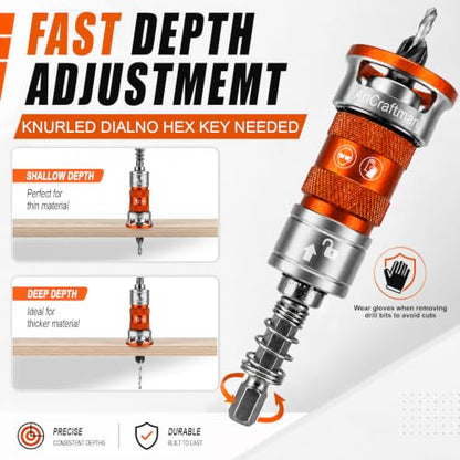 13 PCS Upgraded Adjustable Depth Countersink Drill Bit Set, M2 HSS 4-Flute Wood Chamfer Bits with Quick Adjust Depth Stop, L Wrench & Pilot Bits for Wood, Plastic & DIY Woodworking