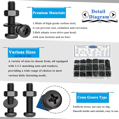 516Pcs Nuts and Bolts Assortment Kit, Phillips Pan Head, Black - color: 516pcs-Black