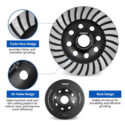 HERZO 4-1/2 Inch Turbo Diamond Cup Grinding Wheel, 7/8 Inch Arbor Concrete Grinder Disc for Angle Grinder, Surface Preparation, Leveling and Fast Grinding on Concrete, Cement, Stone, Brick and Masonry - size: 4.5 Inch Standard