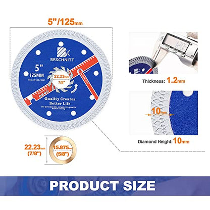 Super Thin Diamond Porcelain Saw Blade with X Teeth,BRSCHNITT 2pcs 5 Inch (125mm) x Arbor 7/8" Angle Grinder Diamond Cutting Disc for Dry/Wet Cutting Porcelain Tile Ceramic Marble Granite - size: 125mm(5")