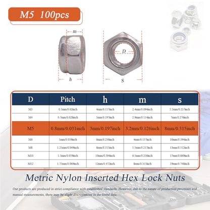 M5 x 0.8mm Metric Nylon Insert Lock Nuts (100pcs) DIN 985 Locknuts 304 Stainless Steel Hex Nylock Nuts Reusable Anti-Loose Corrosion-Resistant for DIY Home Automotive Industrial - size: M5 x 0.8mm 100pcs