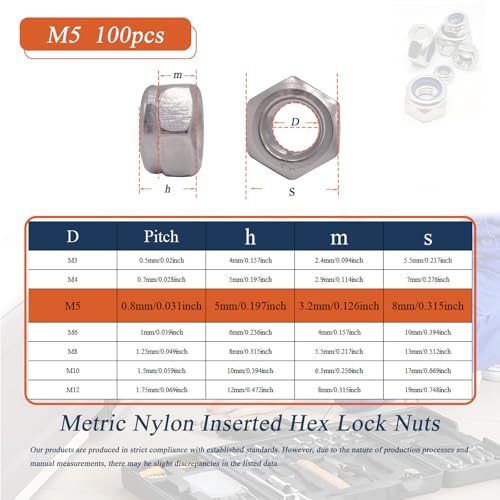 M5 x 0.8mm Metric Nylon Insert Lock Nuts (100pcs) DIN 985 Locknuts 304 Stainless Steel Hex Nylock Nuts Reusable Anti-Loose Corrosion-Resistant for DIY Home Automotive Industrial - size: M5 x 0.8mm 100pcs