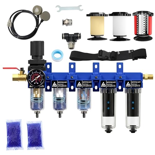 1/4" NPT 5 Stage Air Dryer System,Air Dryer for Compressor,Brass & Fiber Filter &Desiccant Dryer,Double Carbon Fiber Deodorizing Filter Cartridge,Semi-Auto Drain, Metal Bracket-Blue - style: 5 Stage(3 Filter)