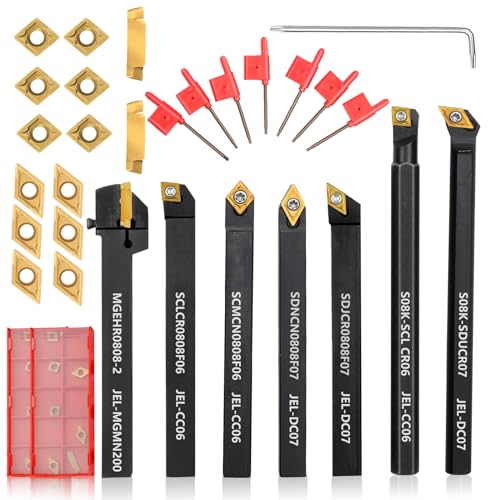 Indexable Lathe Turning Tool 21Pcs Kit 5/16" 8mm Shank 7 Pcs Metal Lathe Tool Holder Set with 14 Pcs Turning Inserts for Turning Grooving Threading Boring Carbide Inserts Carbide Turning Tool - style: 7pcs 5/16" 8mm Shanks+14pcs Inserts