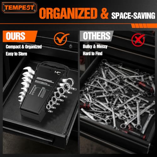 Tempest 14 Piece Combination Wrench Set, Metric & SAE (8-17mm, 5/16-11/16 inch) with Compact Organizer Rack, Drop Forged Steel Mechanics Hand Tools Kit for Automotive Repair, Home DIY, Workshops