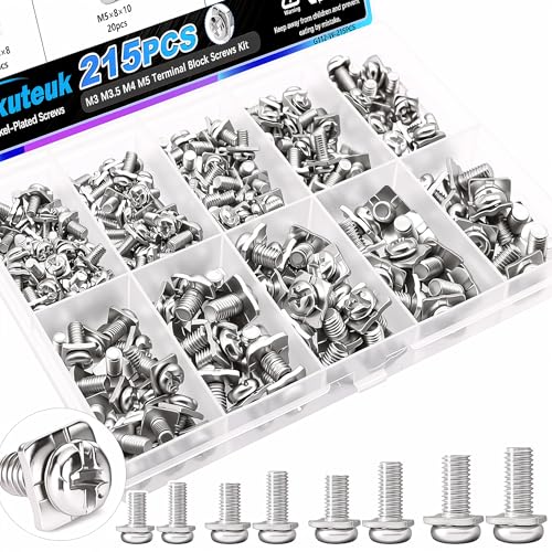 mxuteuk 215PCS Terminal Block Screws Kit,M3 M3.5 M4 M5 Terminal Screws,Nickel-Plated with Square Washers for Switch Plates,Electrical Panels and Terminal Blocks - size: M3 M3.5 M4 M5