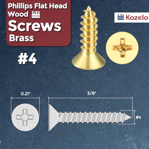 50pcs Phillips Flat Head Wood Screws - [#4x3/8] Brass Countersunk - size: #4x3/8"