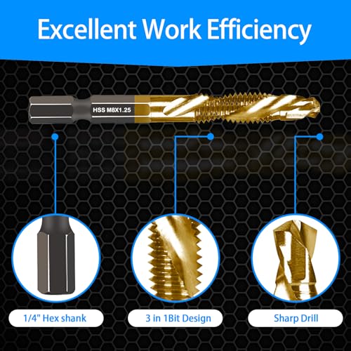 DKIBBITH 6-pc Metric M8 Combination Drill Tap Bit Set, M8*1.25 Thread Size, Titanium Coated High-Speed Steel, Ideal for Drilling and Threading in Soft Metal Wood and Plastic,1/4" Hex Shank - size: M8x1.25