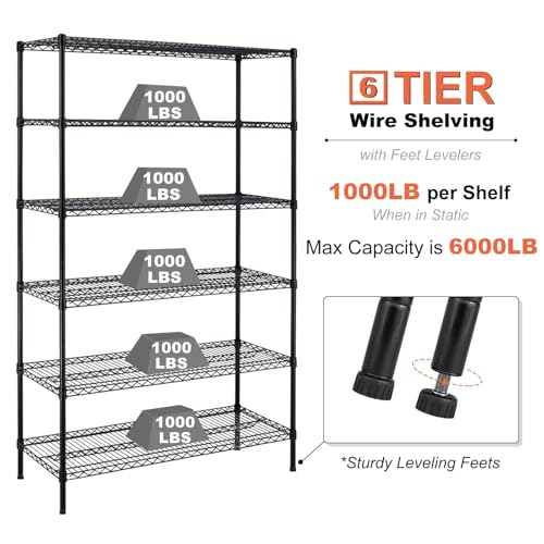 Meet perfect 6-Tier Wire Shelving Unit with Wheels, 48x18x72 in, Black - color: Black, size: 6-Tier, 72"H × 48"W × 18"D
