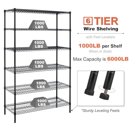 Meet perfect 6-Tier Wire Shelving Unit with Wheels, 48x18x72 in, Black - color: Black, size: 6-Tier, 72"H × 48"W × 18"D