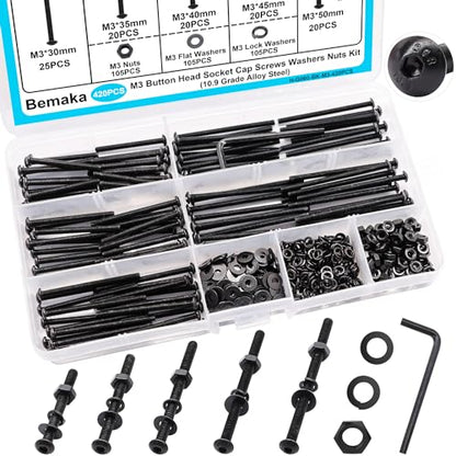 420PCS Black M3 Button Head Hex Socket Cap Screws, M3 x 30/35/40/45/50mm Metric Screws Bolts Nuts Washers Assortment Kit, 10.9 Grade Alloy Steel - color: BK-M3 x 30-50mm/
