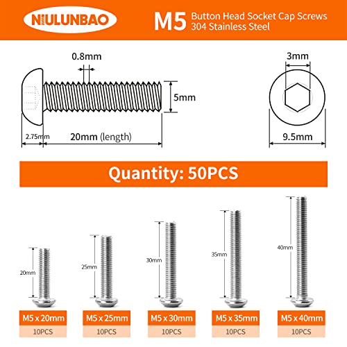 M5 x 20mm 25mm 30mm 35mm 40mm Button Head Socket Cap Screws Bolts 304 Stainless Steel Metric Machine Allen Hex Drive, Fully Threaded, Assortment Kit 50PCS - size: M5 x 20/25/30/35/40mm (50PCS)