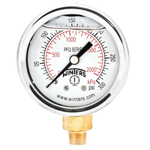 Winters 2" Dial Size, Liquid Filled Industrial Pressure Gauge, Brass Internals, 304 Stainless Steel Case, Dual Scale 0-300 psi/kPa, 2.5% Acc, 1/8" NPT Bottom Mount, Glycerin Filled Pressure Gauge - style: 0/300 PSI/kPa
